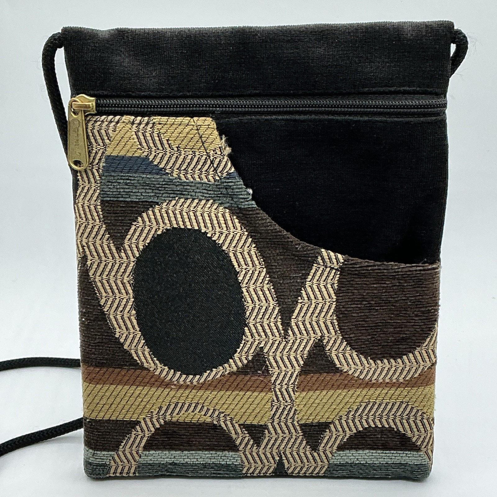 Danny K Small Flat Black Brown Geometric Tapestry Shoulder Pouch Coin Purse