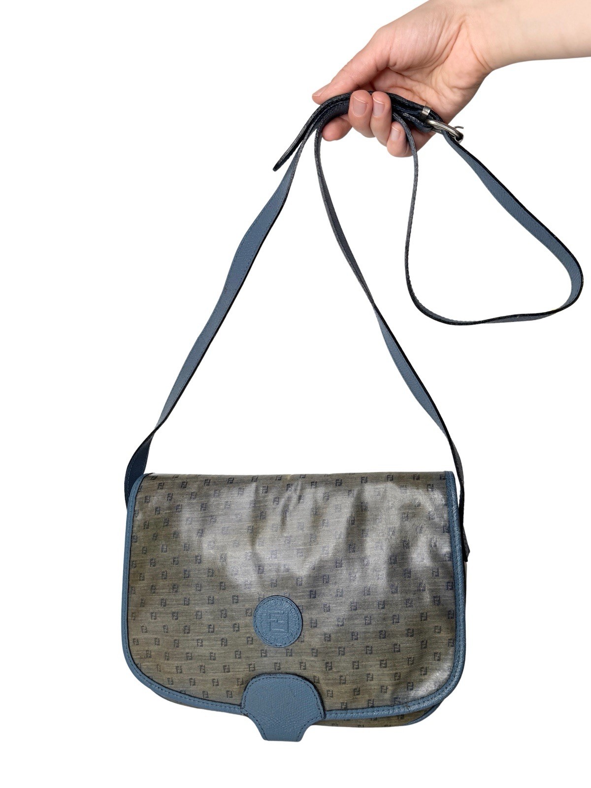 Vintage Fendi 80s FF Monogram Crossbody Messenger Bag Blue Trim