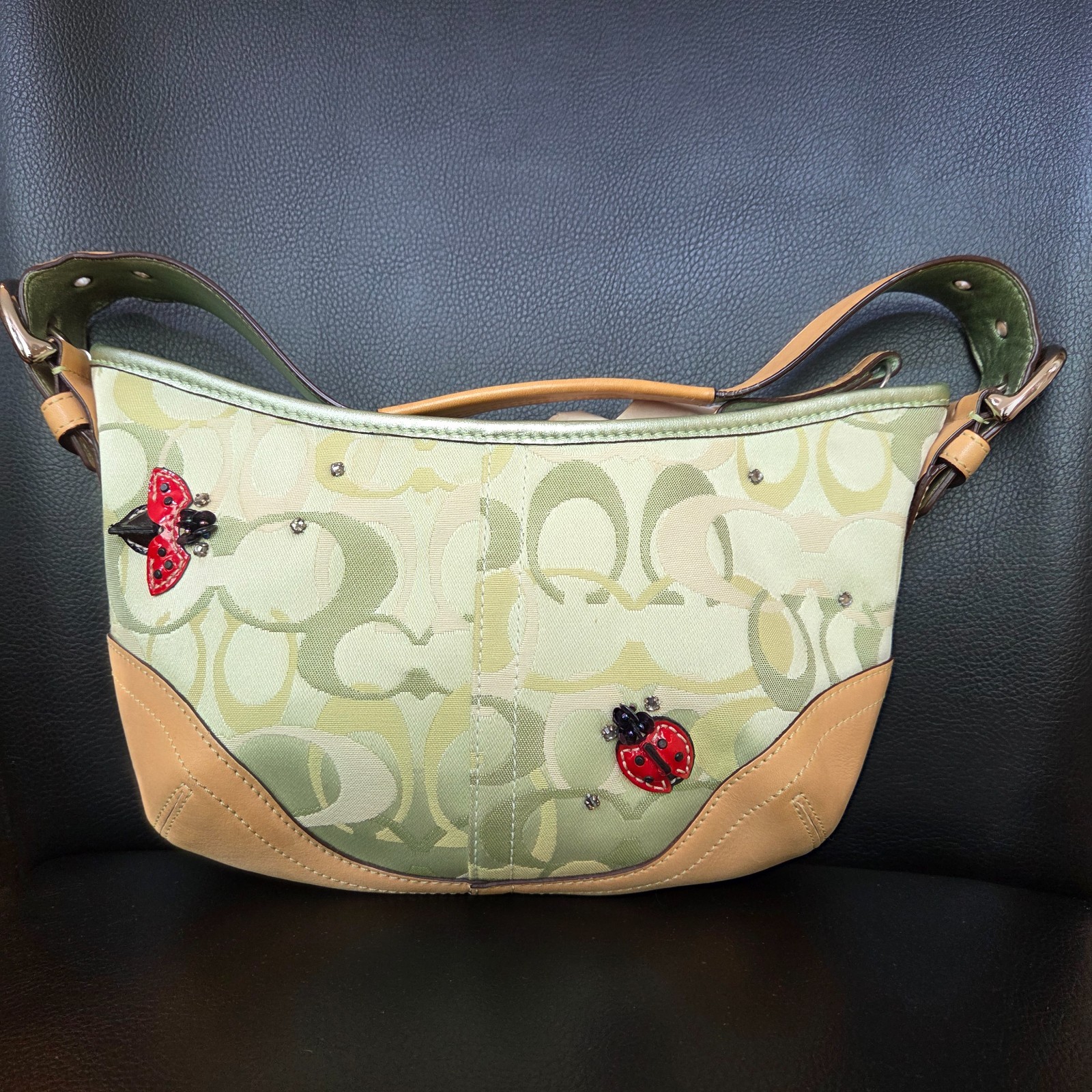 Vintage Coach Limited Edition Green Optic Signature Ladybug Soho Hobo Bag 6723 N