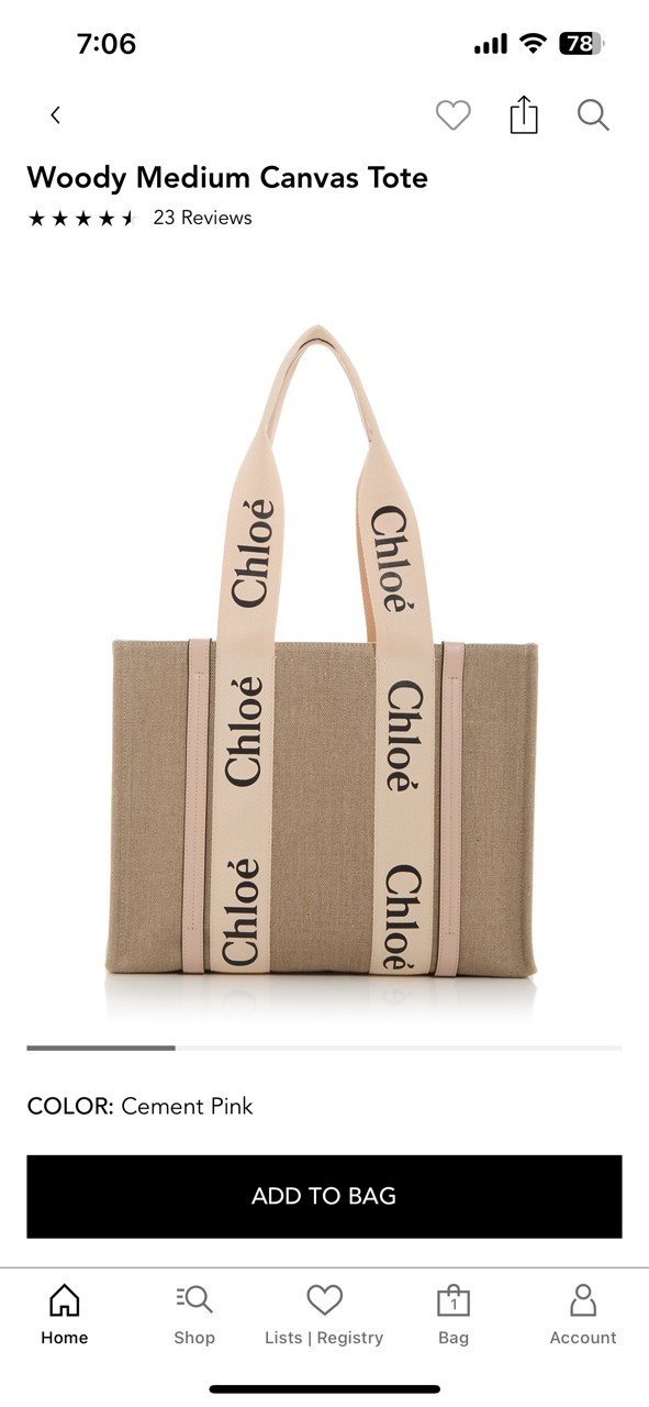 Chloe Medium Canvas WOODY TOTE – Color Cement Pink – NEW OTHER