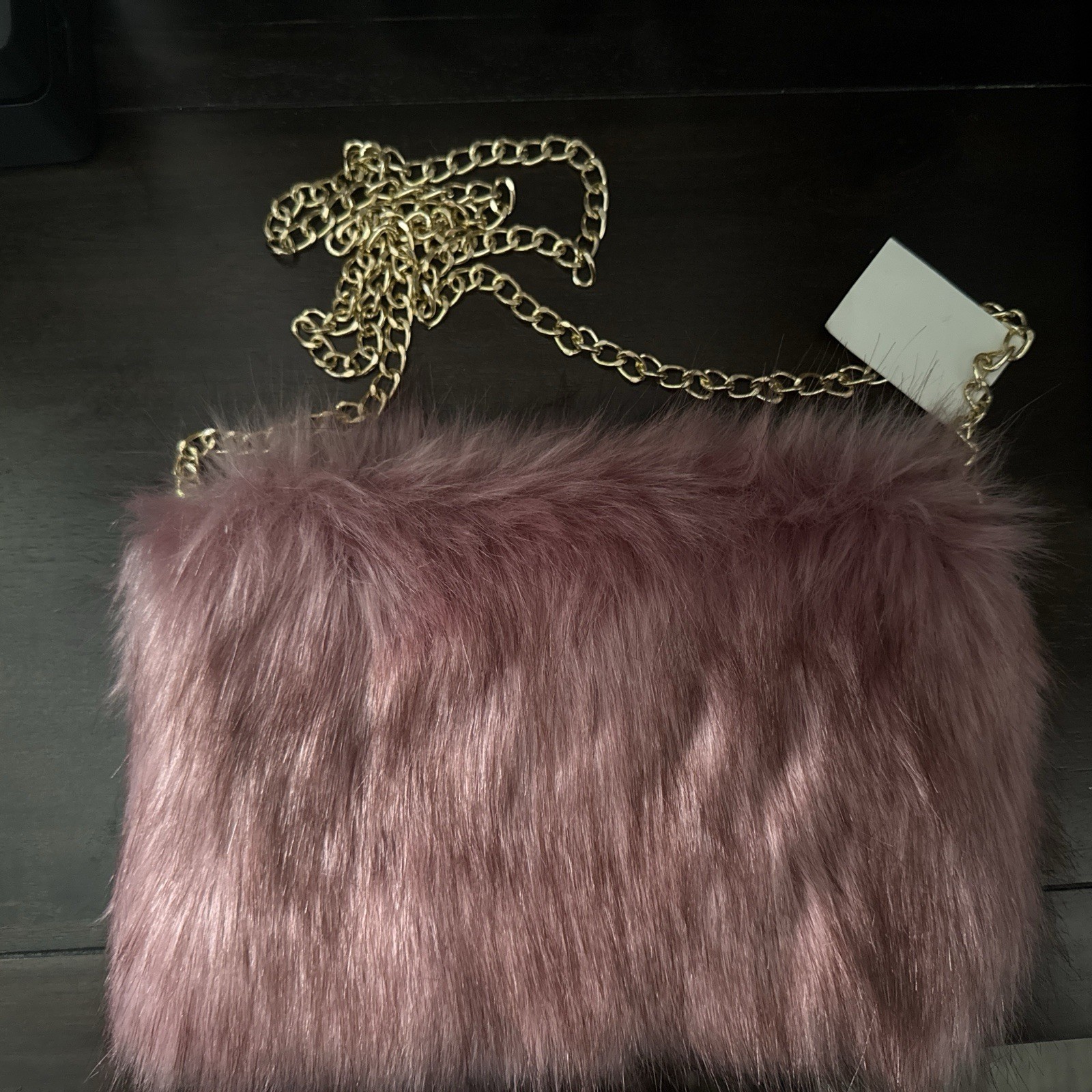 Pink Faux Fur Shoulder Bag for Women Gold Chain Strap Fur Detail
