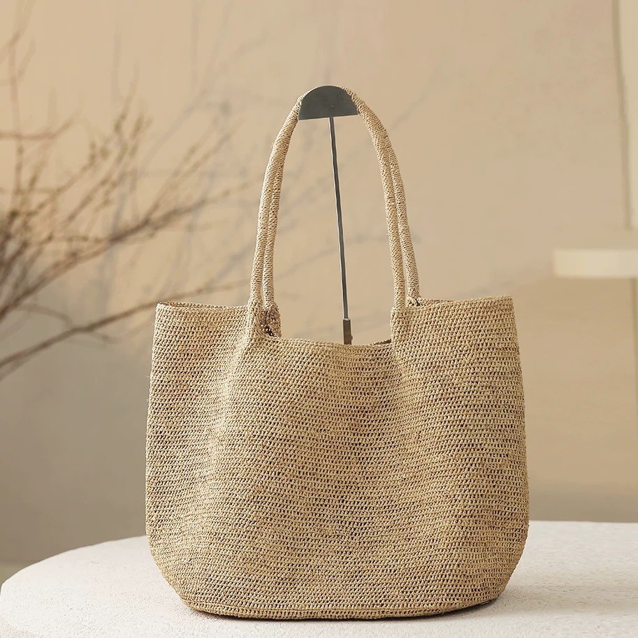 Handmade Crochet Raffia Straw Bag Square Tote Summer Beach Shoulder Handbag Purs