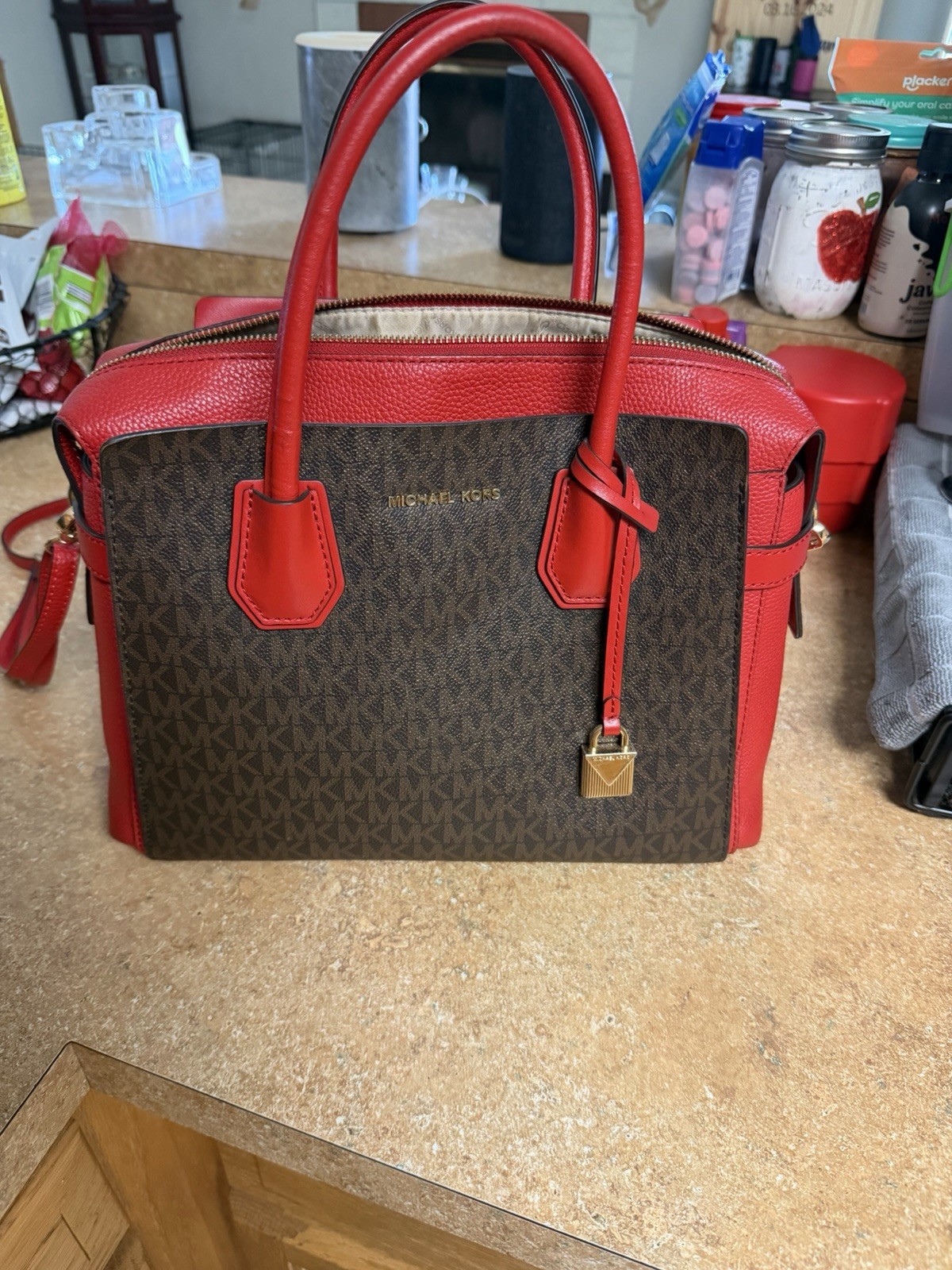 Michael Kors Logo Satchel Zip Top Red/Brown, Detachable Adjustable Strap