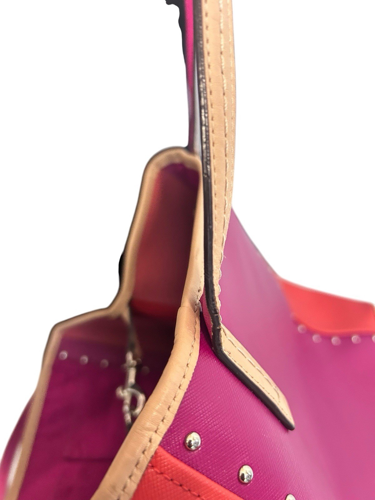 COACH Metro Colorblock Pink Orange And Tan Studded Leather Tote Bag Read List