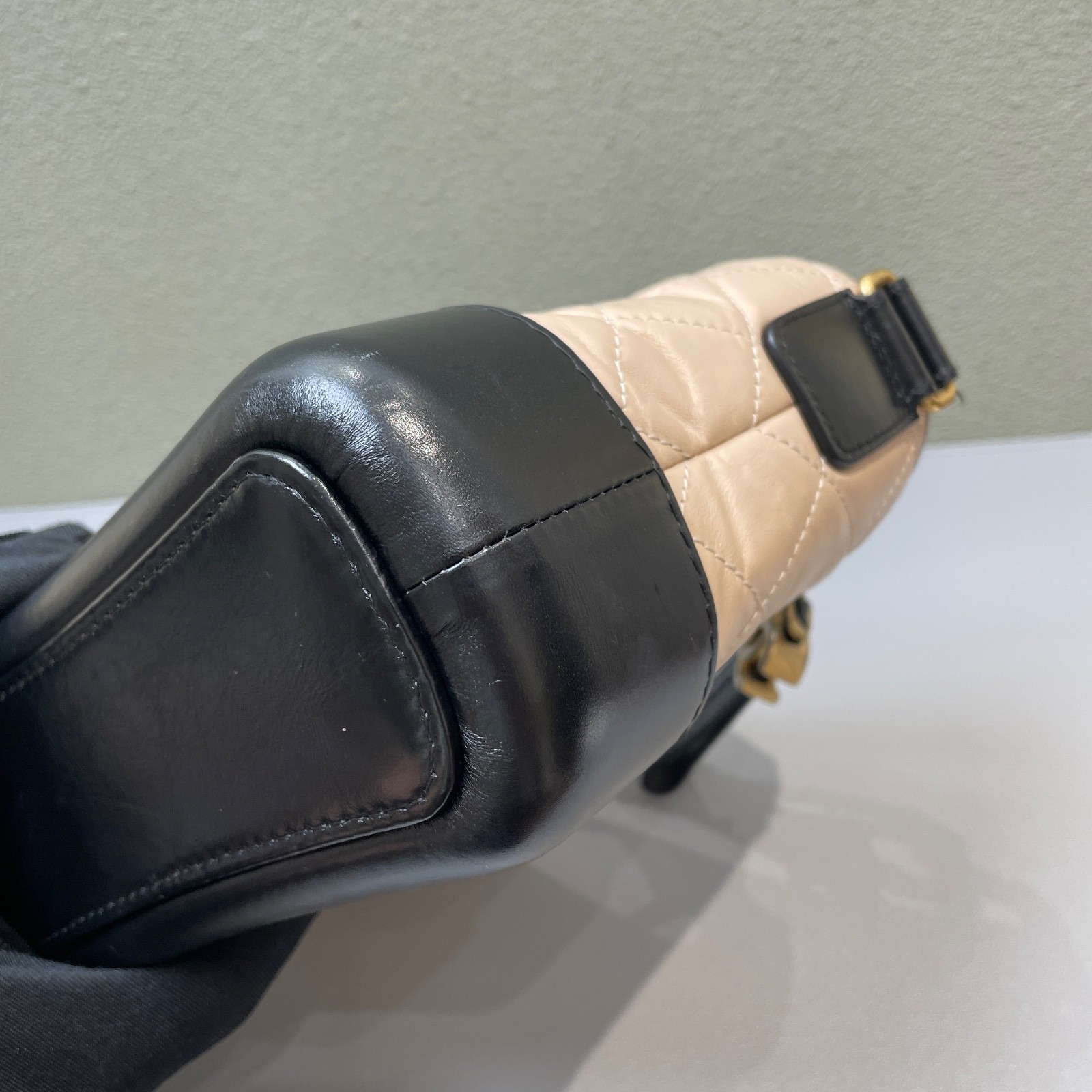 Chanel Gabrielle Beige and Black Leather Crossbody Bag with Gold Hardware.