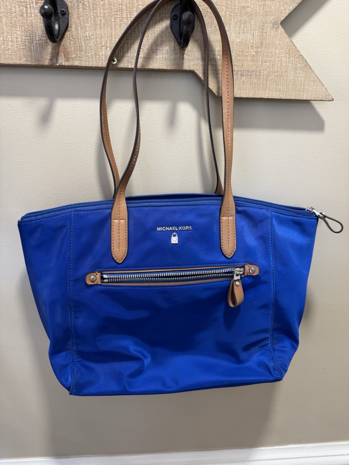 Michael Kors Kelsey Medium Tote Electric Blue Tan Nylon Leather Bag Used