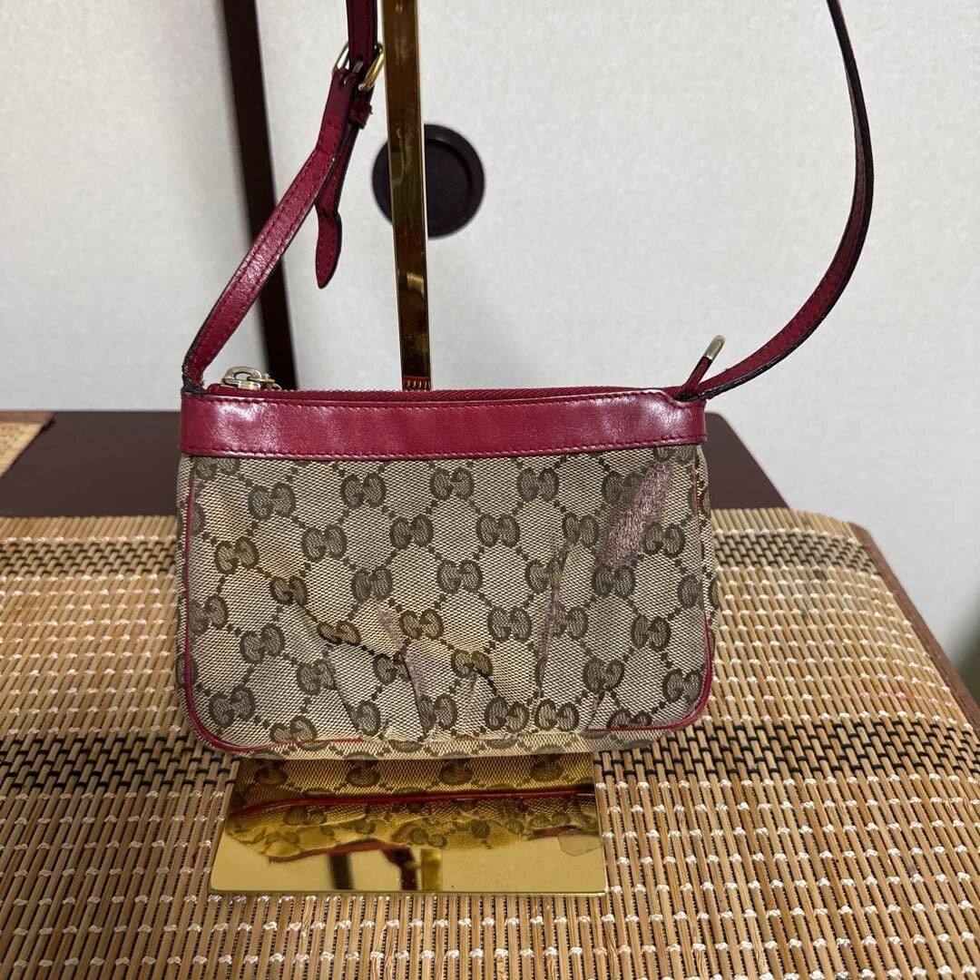 GUCCI GG Canvas Crossbody Bag Beige Red Leather Heart Charm Mini 256899 Women