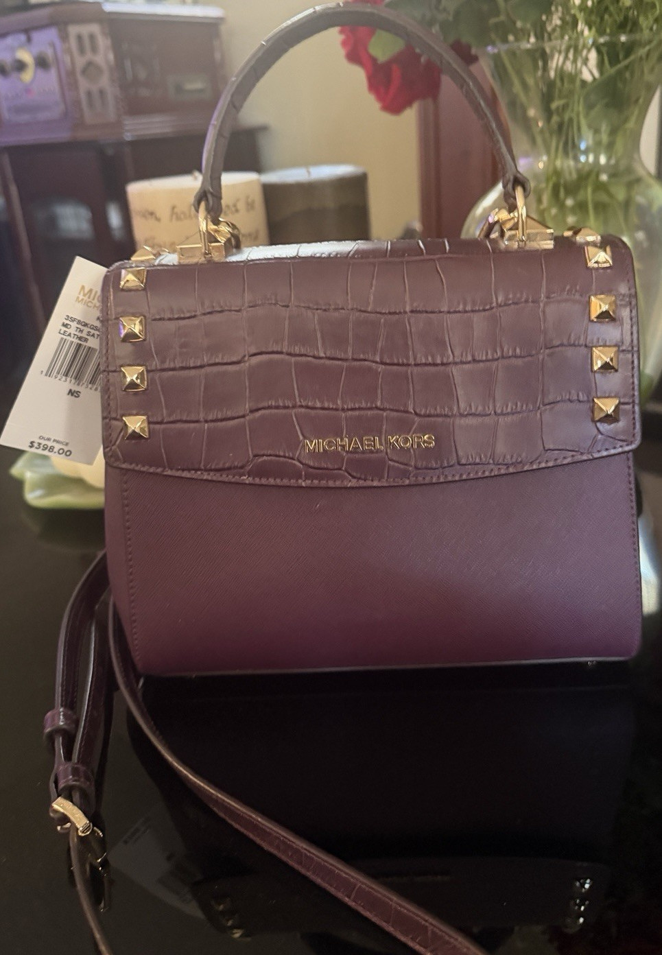Michael Kors Medium Satchel Top Handle Damson Croc Embossed Studded Strap