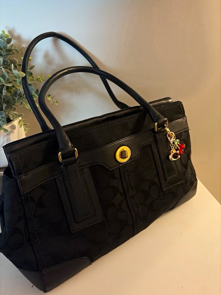 Coach Black Signature Logo Satchel Top Handle Zip Silver Hardware w/ Charm