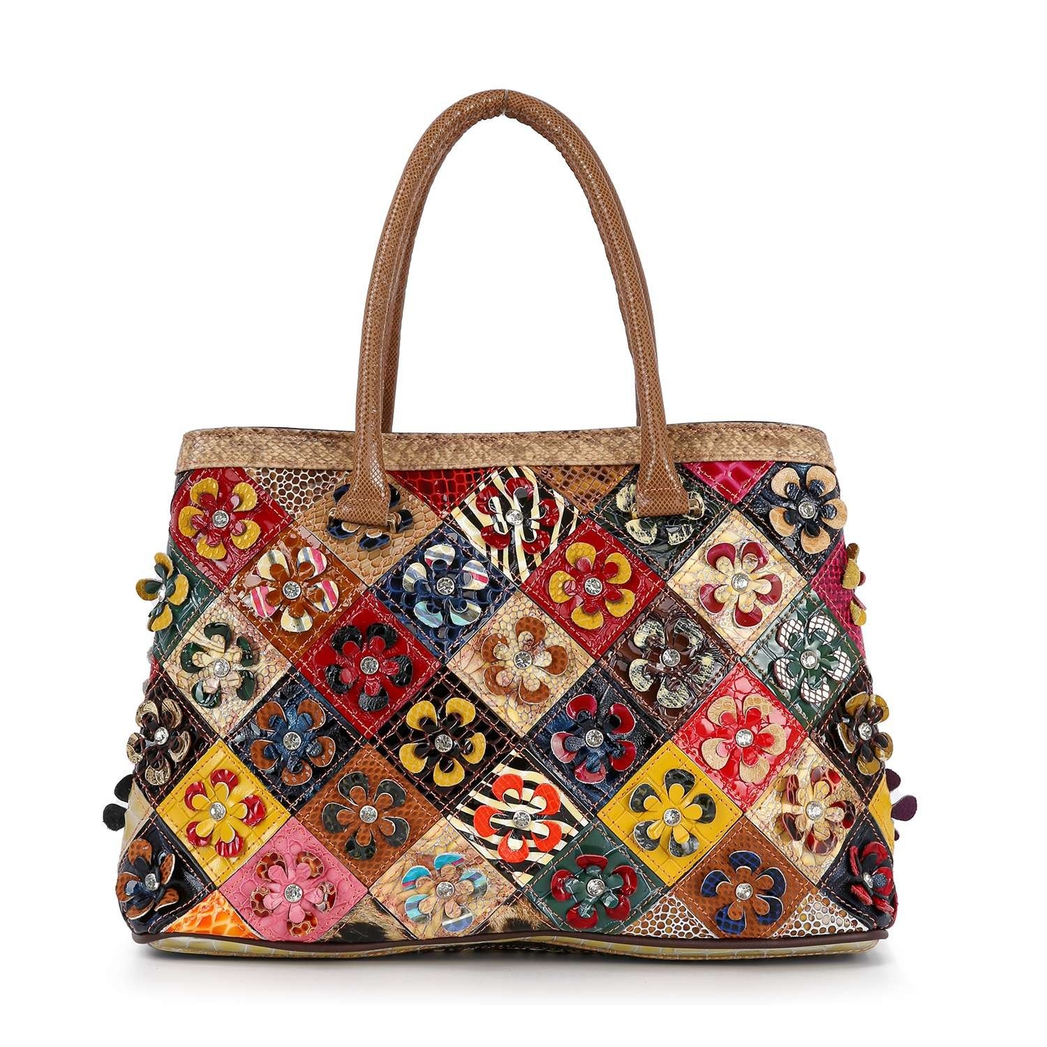 Genuine Leather 3D Floral Patchwork Tote Handbag Women Multicolor Crossbody Bag