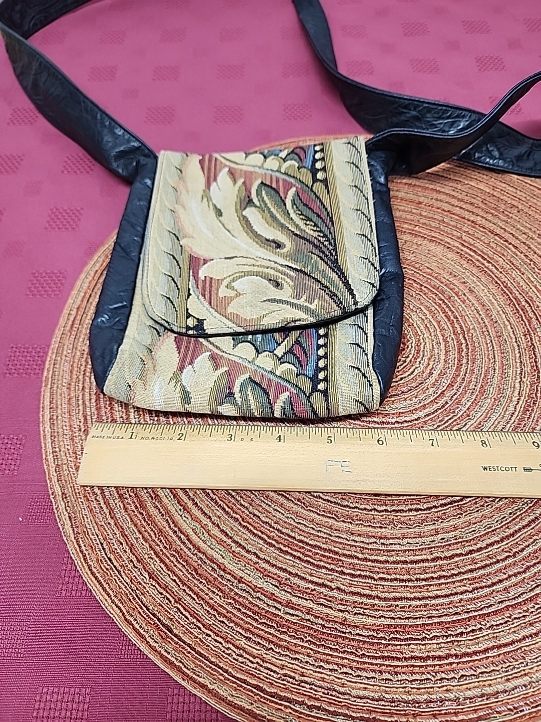 Vintage Jill Stuart Crossbody Floral Tapestry And Leather Bag 1990’s Boho Y2K