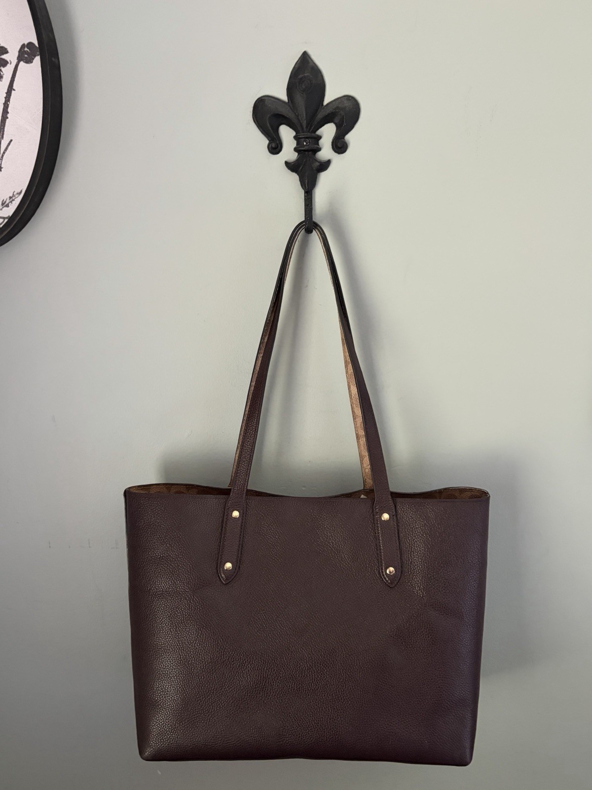 COACH Central Tote w/ Signature Logo Canvas Blocking/ Brown Pebble Leather/ Gold