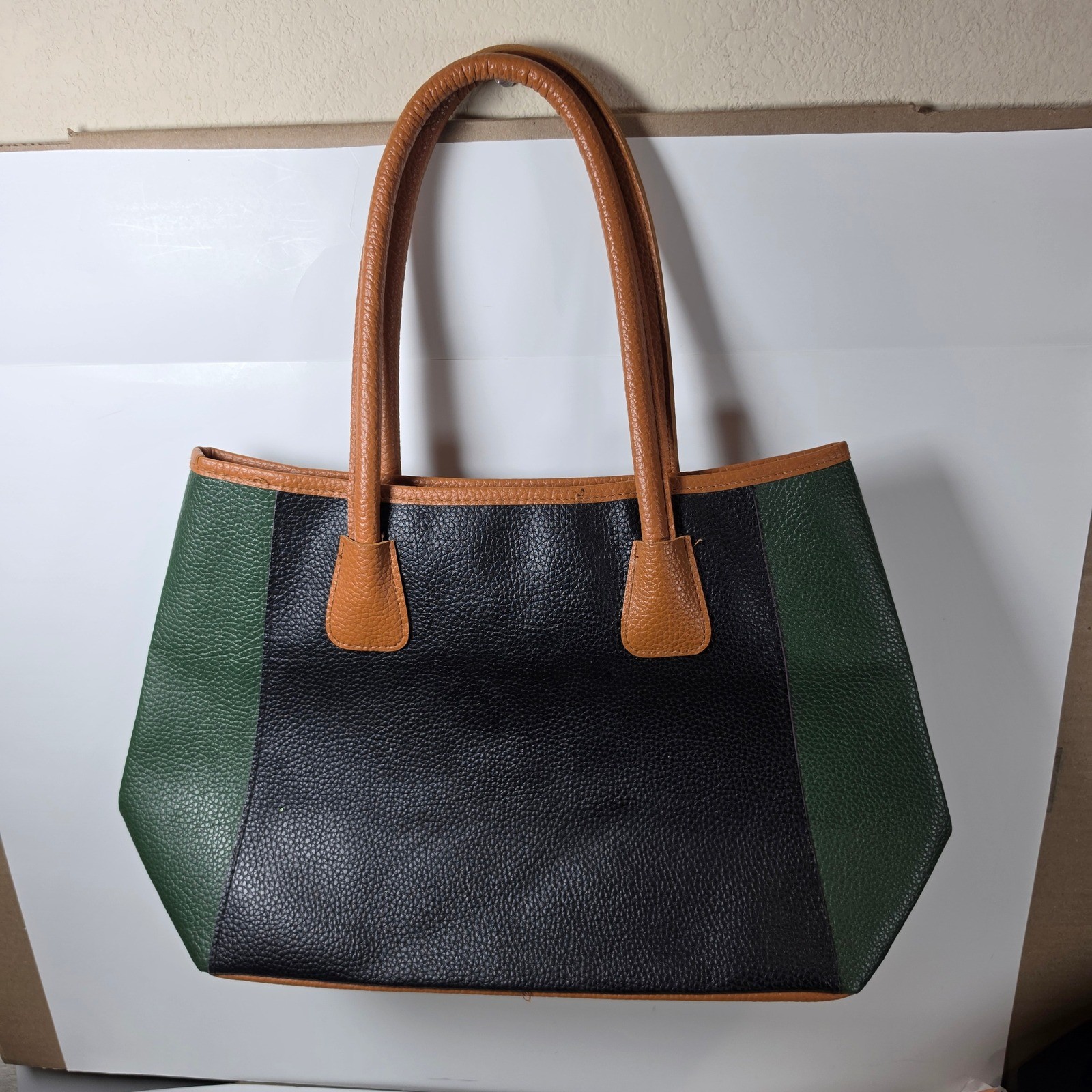 Neiman Marcus Tote Bag Colorblock Pebbled Black Green Tan Shoulder Purse Large