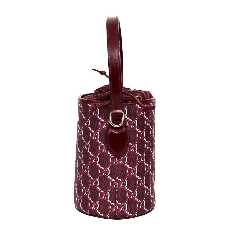 NEW $1,980 GUCCI Dark Red Rosso Ancora Coated Canvas GG SHADOW Mini BUCKET BAG