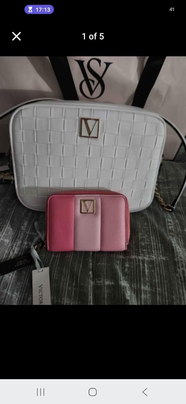 Victoria Secret Cross Body Purse White Woven Pattern Strap Gold Tone Chains and