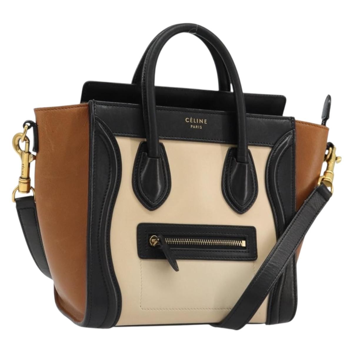 CELINE Luggage Nano Micro Mini Hand Bag Leather 2way Beige Gold Auth ka4812V