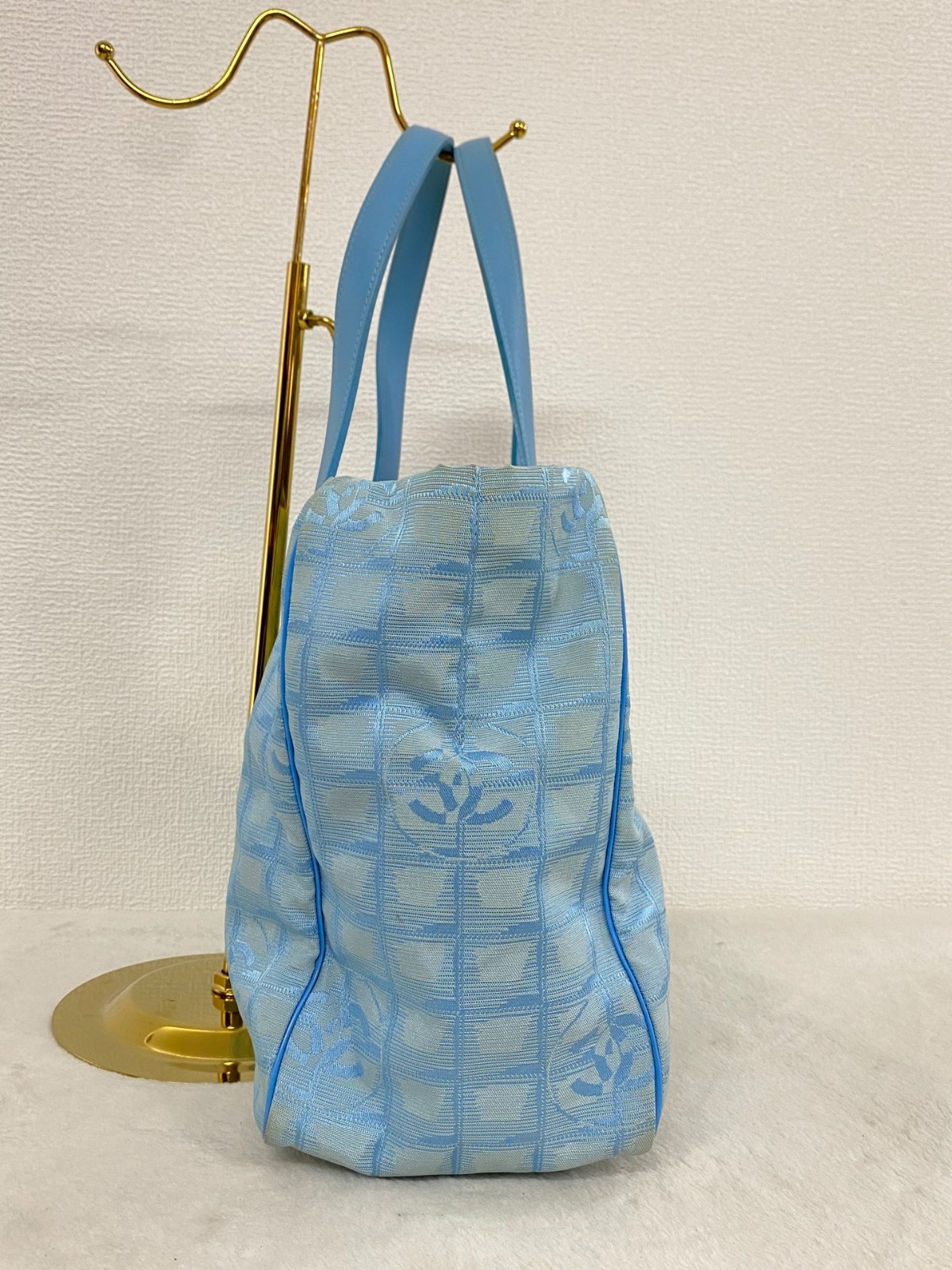 Authentic CHANEL New Travel Line Tote Bag MM Light Blue Nylon Canvas