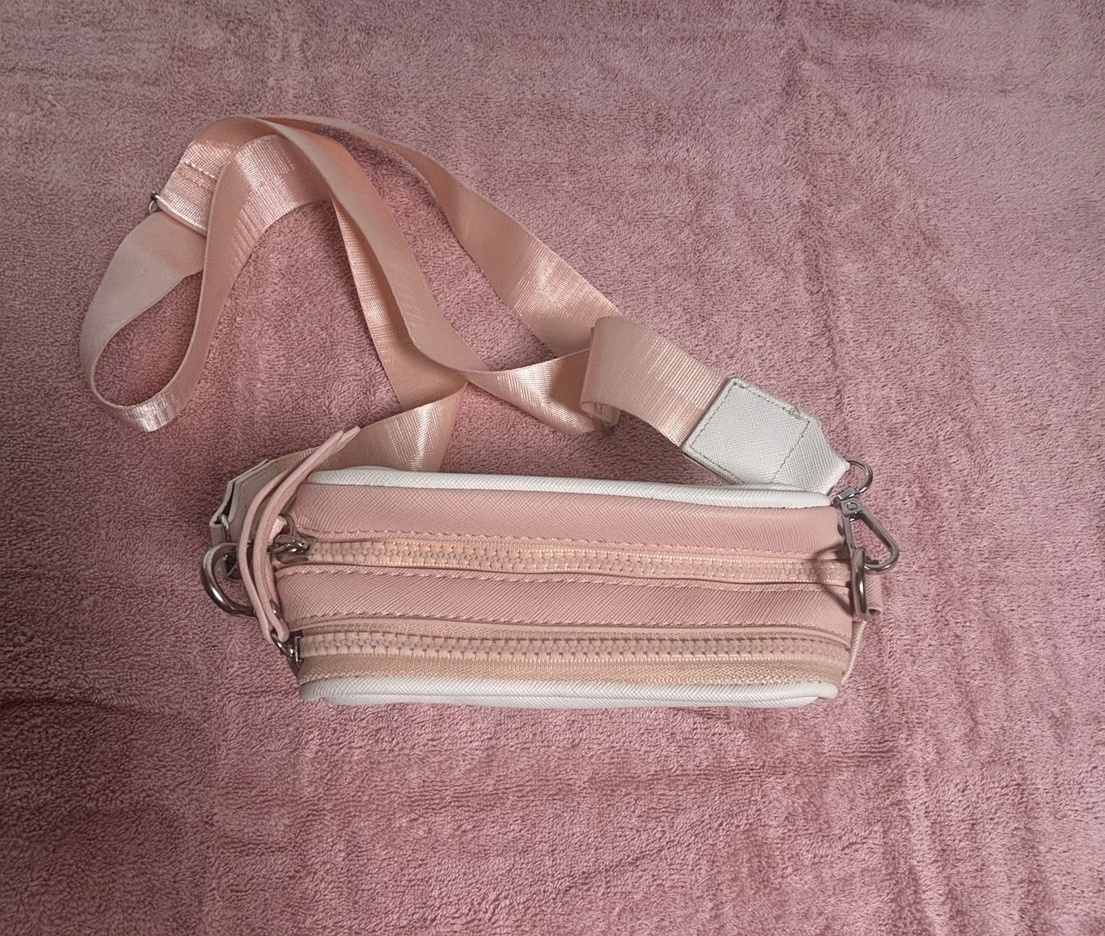Aero Small White/Pink Logo Crossbody Bag Double Zip Adjustable Detachable Strap