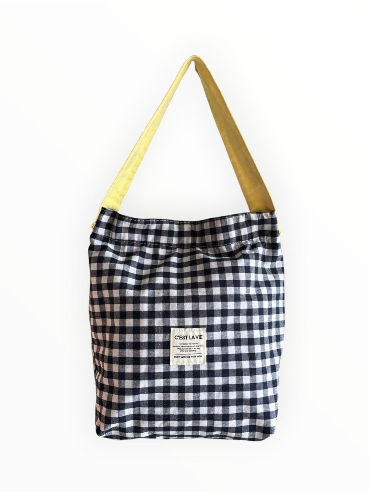 C’est La Vie Gingham Shoulder Tote Bag Navy White Yellow Canvas Magnetic Snap
