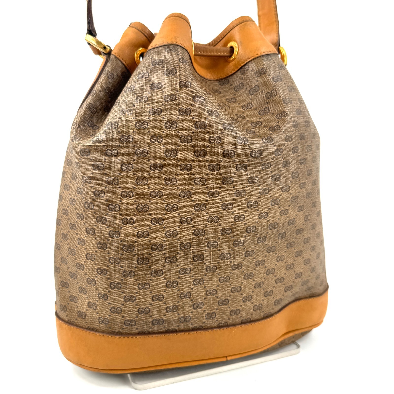 Gucci Micro Gg Drawstring Bag Beige Brown Pvc Leather Auth From Japan