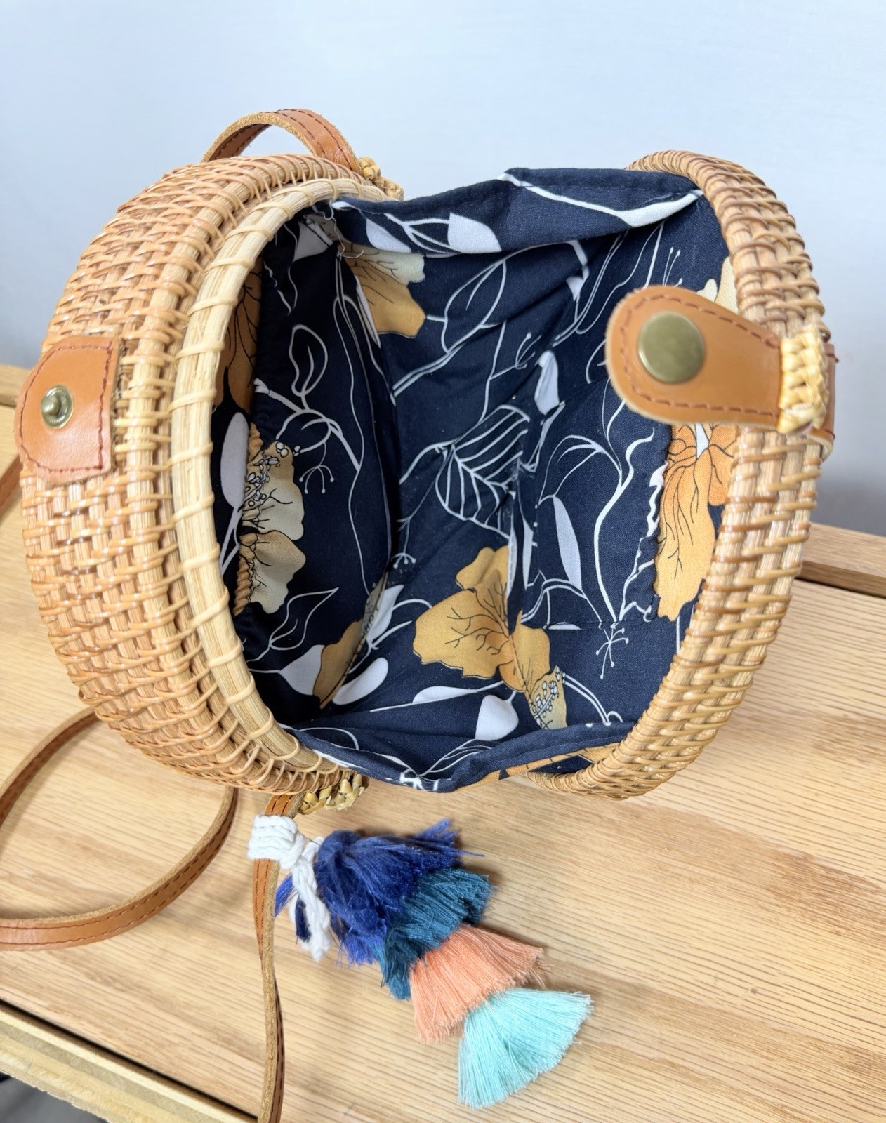 Round Woven Rattan Straw Crossbody Bag Small Beige Brown Strap Tassel Lined