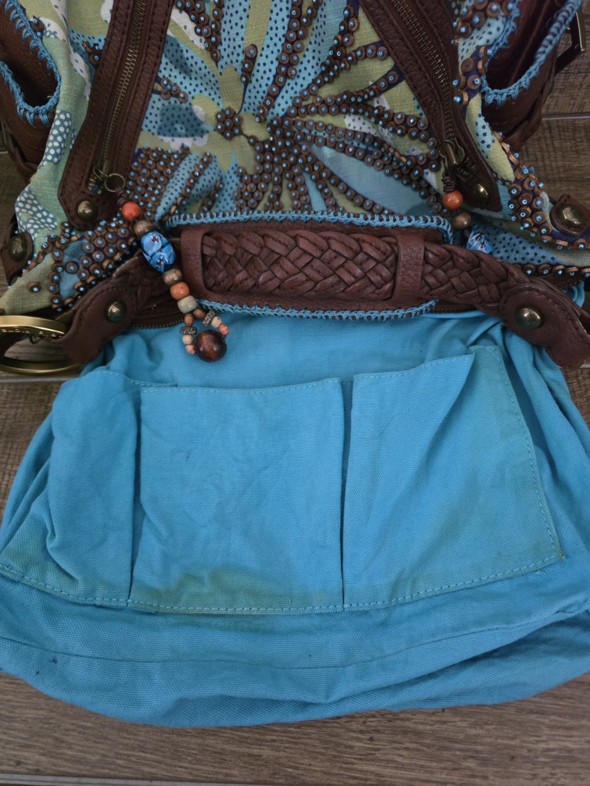 Isabella Fiore Hobo Shoulder Bag Beaded Brown Leather & Canvas Teal