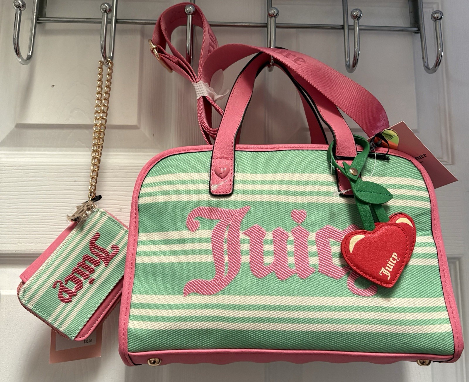 JUICY COUTURE PARADISE SATCHEL TOTE BAG RETRO GREEN PINK CHERRY CHARM W/ Wallet