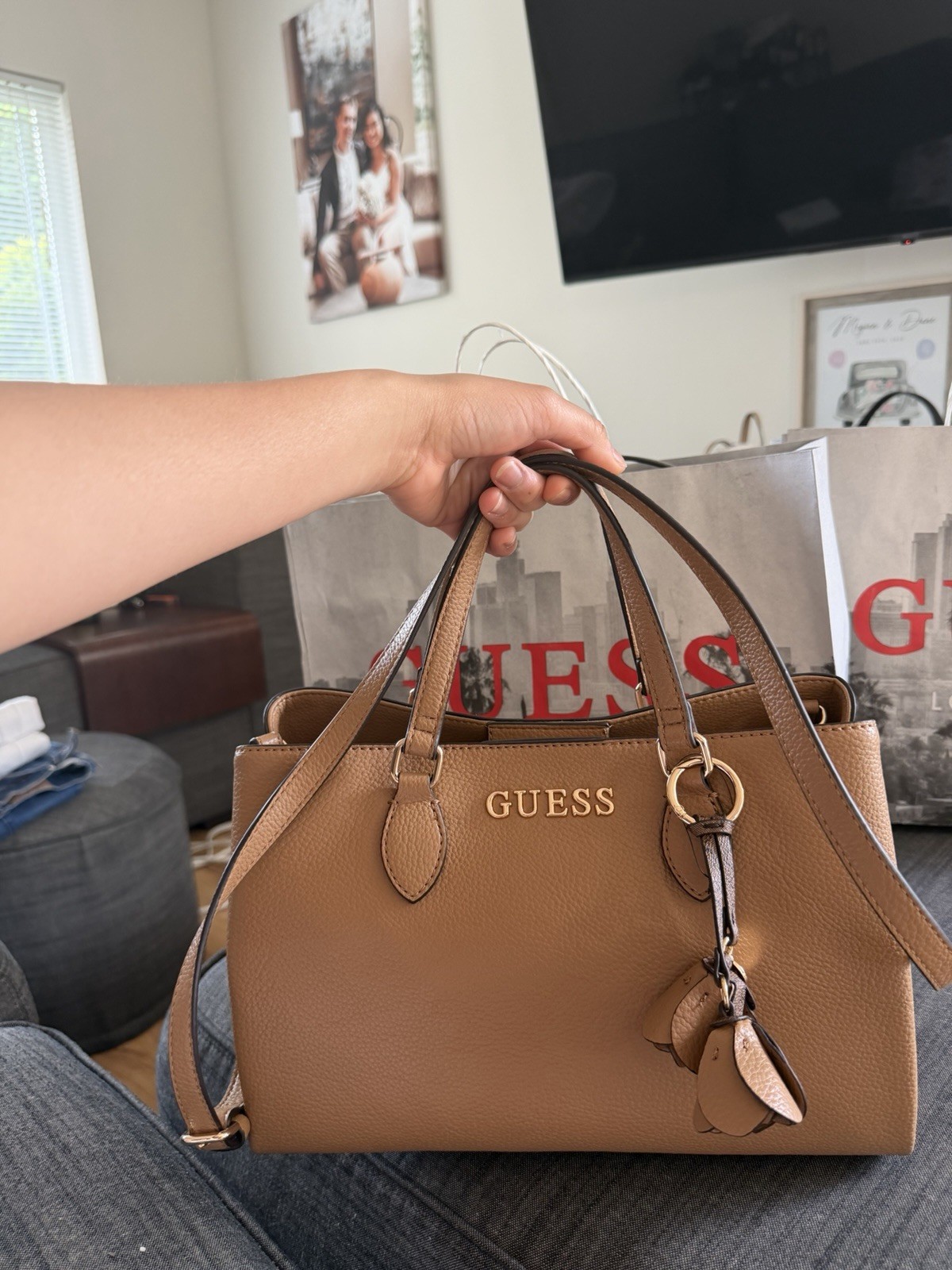 GUESS Brown Satchel Top Handle Bag Detachable Strap Charm Gold Hardware