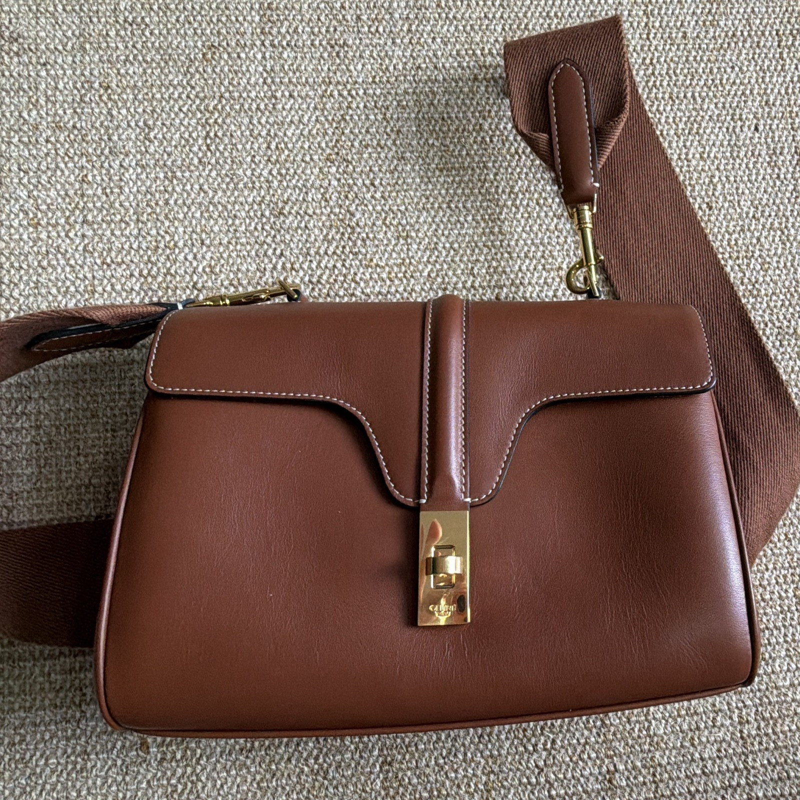 CELINE Brown Shoulder Bag Turn Lock Gold Hardware Wide Strap Inner Pockets