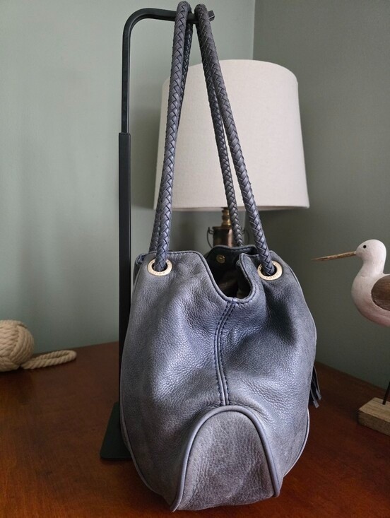 Michael Kors Braided Handle Hobo Bag Slate Blue Navy Pebbled Leather Tassel