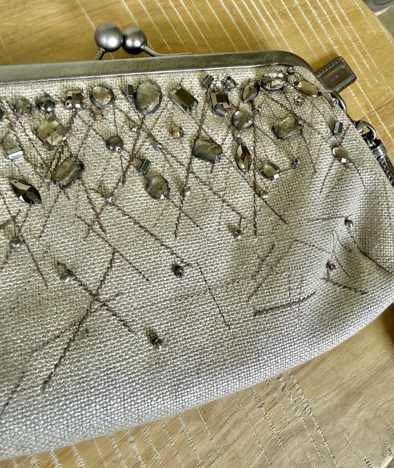 Coach Silver Metallic Embellished Burlap Kisslock Clutch/Wristlet