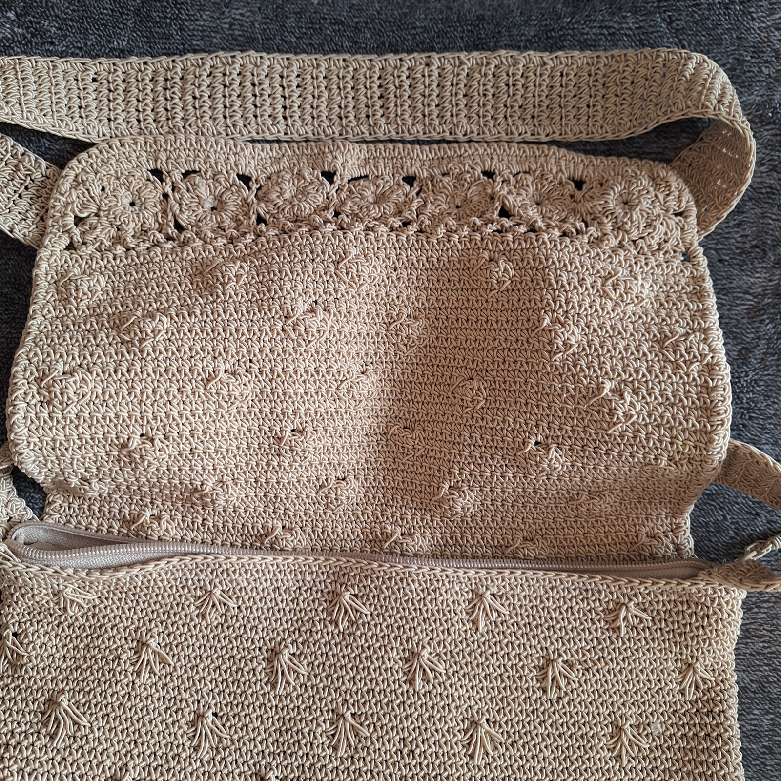 Crochet Crossbody Shoulder Bag Purse Medium Oatmeal Coastal Boho Beachy