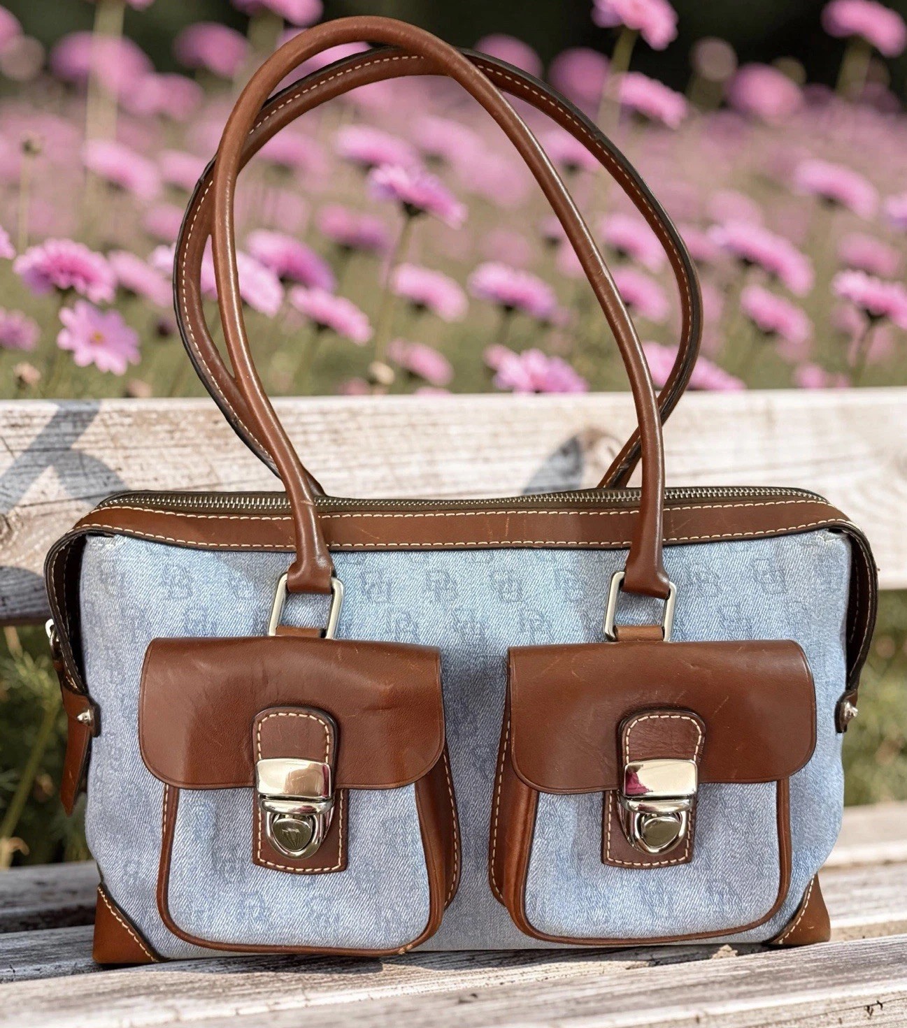 Dooney Bourke Blue Denim Jeans DB Logo Double Pocket Satchel Saddle Shoulder Bag