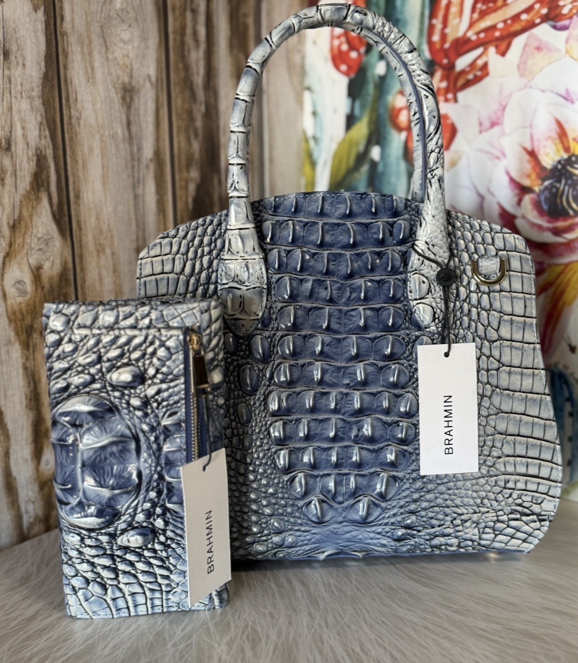 SET 💙 Brahmin Rosetta Bellbottom Blue Ombre Leather Satchel and wallet NWT