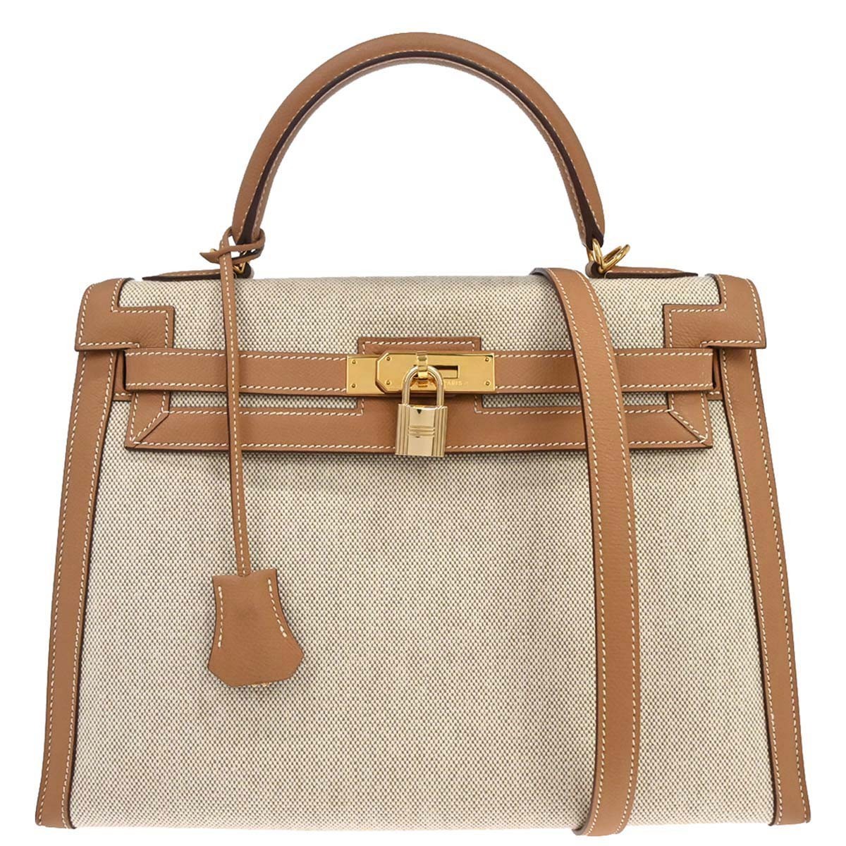 Hermes Natural Toile H Epsom Kelly 32 Sellier 2way Handbag 12C □H 117539