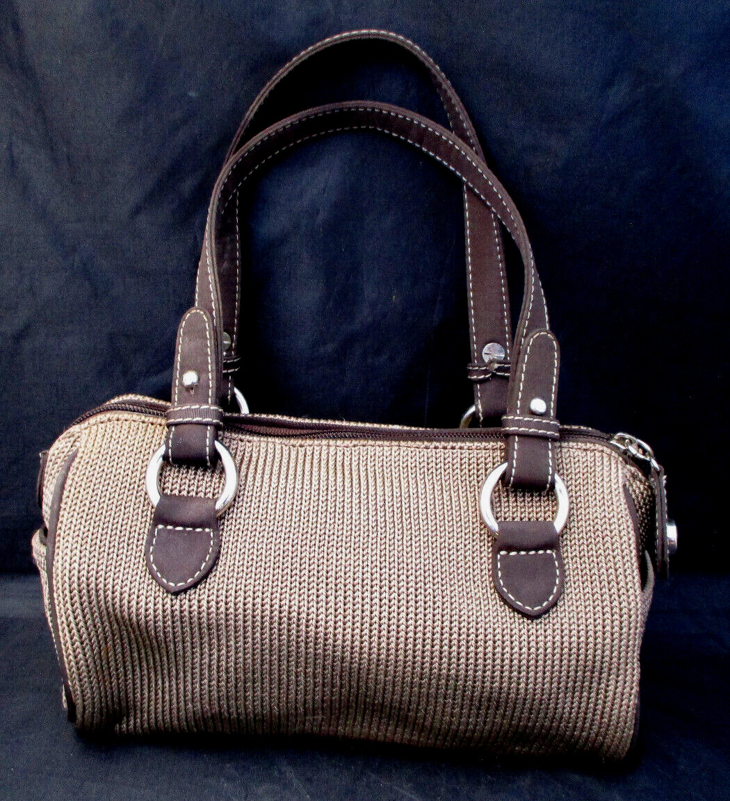 The Sak Handbag Purse Brown Knit Fabric 100% Polyester 5 Pockets Logo Charm EUC