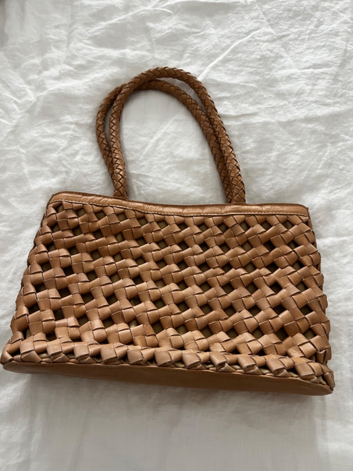 Bembien Ella Tote Caramel Woven Leather Handbag Open Weave Market Bag NWOT
