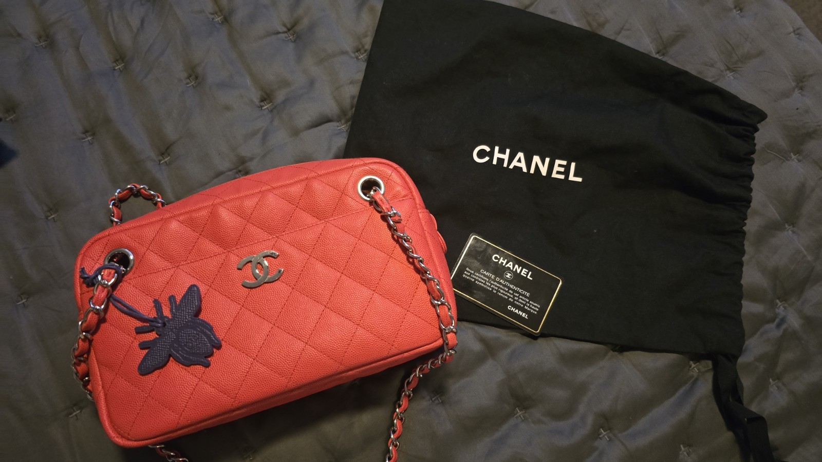 CHANEL Rose Red Caviar Camera Shoulder Bag With Dust Bag & Card