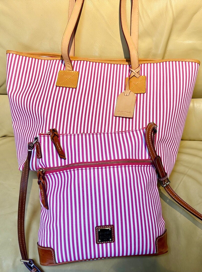 Dooney Bourke Seaview Fuchsia Pink Stripes Large Tote & Crossbody Bag Bundle Set