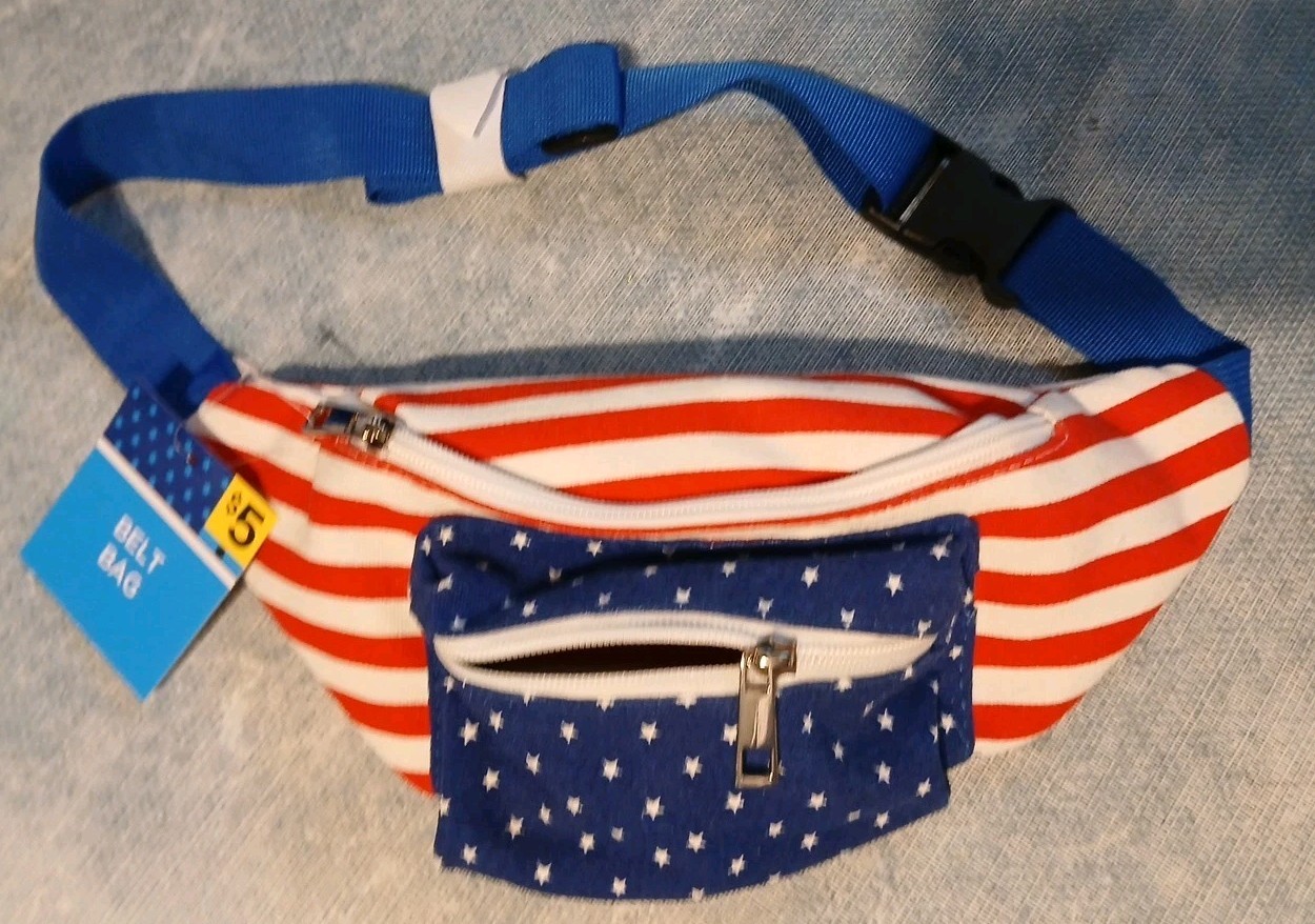 American Flag Fanny Pack Red White Blue 2 Zipper Compartments NWT Stars Stripes