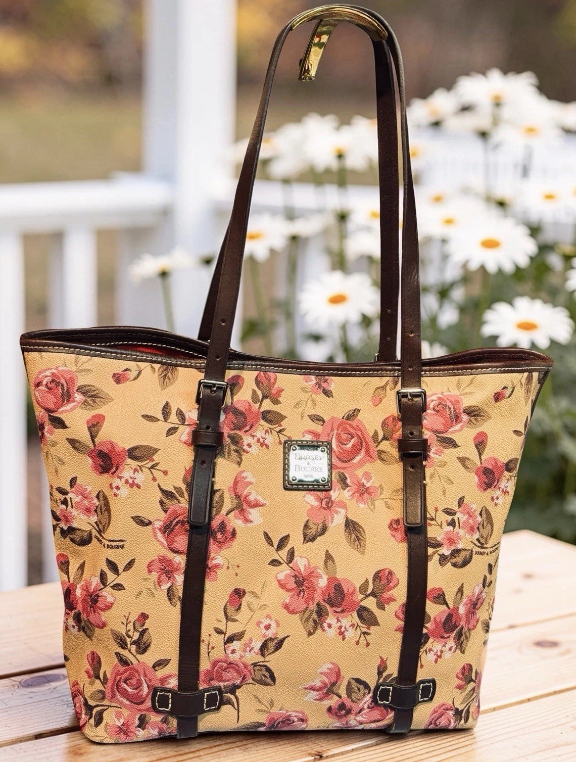 Dooney Bourke Pink Yellow Beige Cabbage Rose Floral Large Shopper Tote Bag