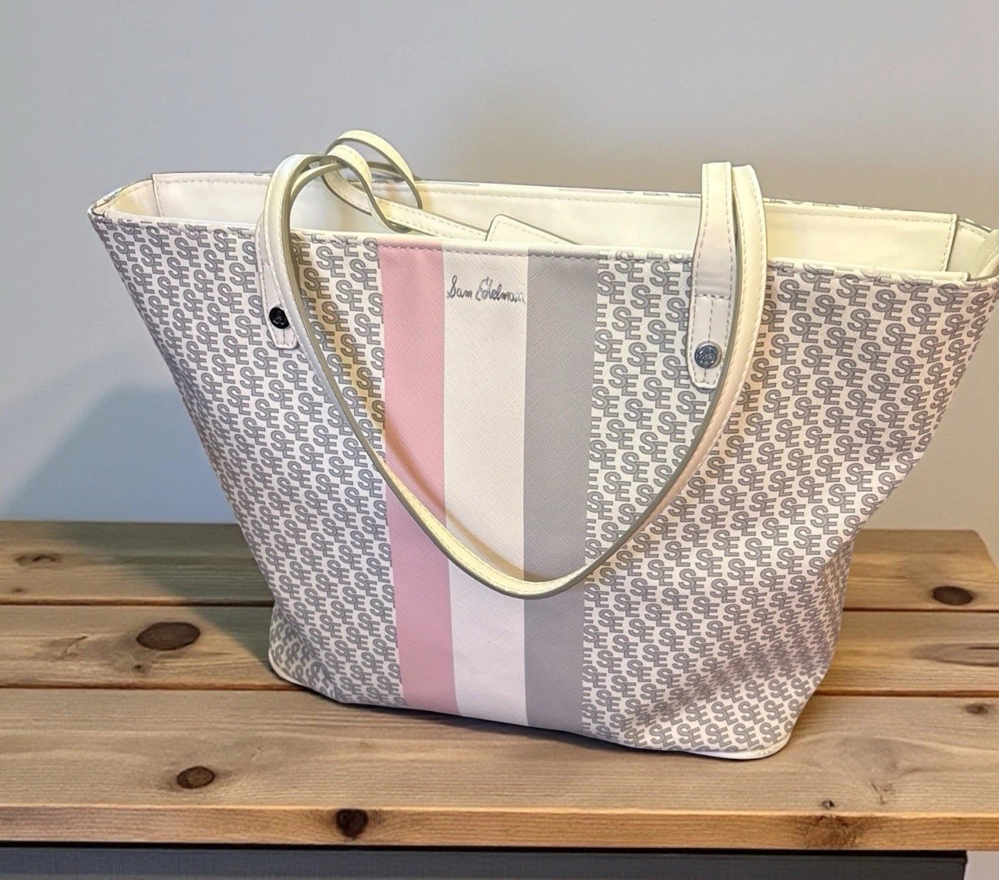 SAM EDELMAN Signature Tote Great Summer Bag! Wt/pk/gry 16.5x 11 Inches