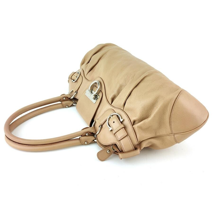 Salvatore Ferragamo Gancini Pink Beige Leather Tote Handbag Silver Hardware