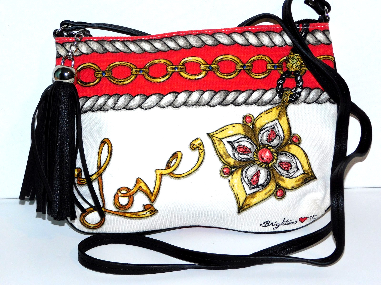 Brighton Crossbody Queen of “Love” bag. Canvas and leather Large Tassal New