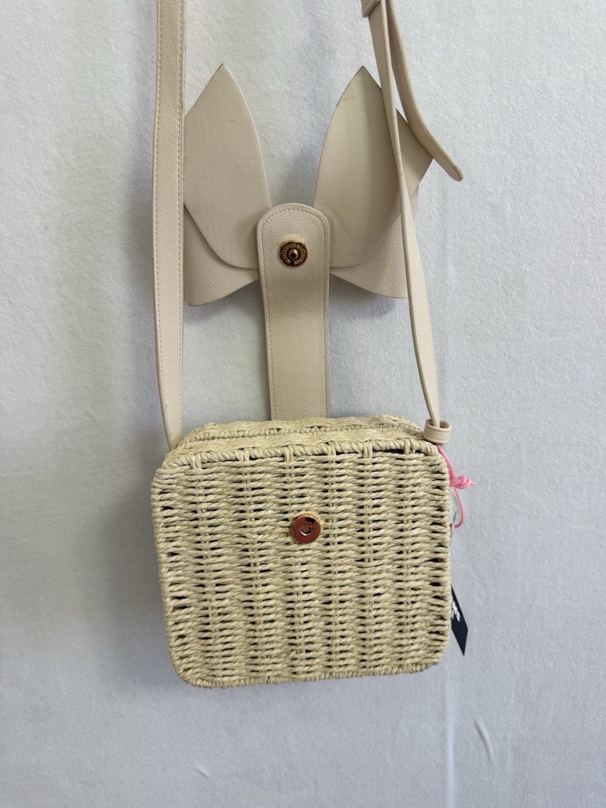 Like Dreams Beige Woven Crossbody Purse Bow Straw Rattan Bag Boho Chic Handbag