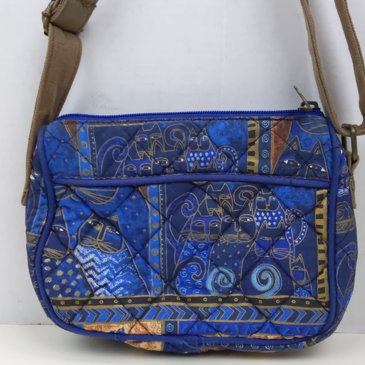 Laurel Burch Cat Print Crossbody Bag Blue Quilted Canvas Adjustable Strap Zip