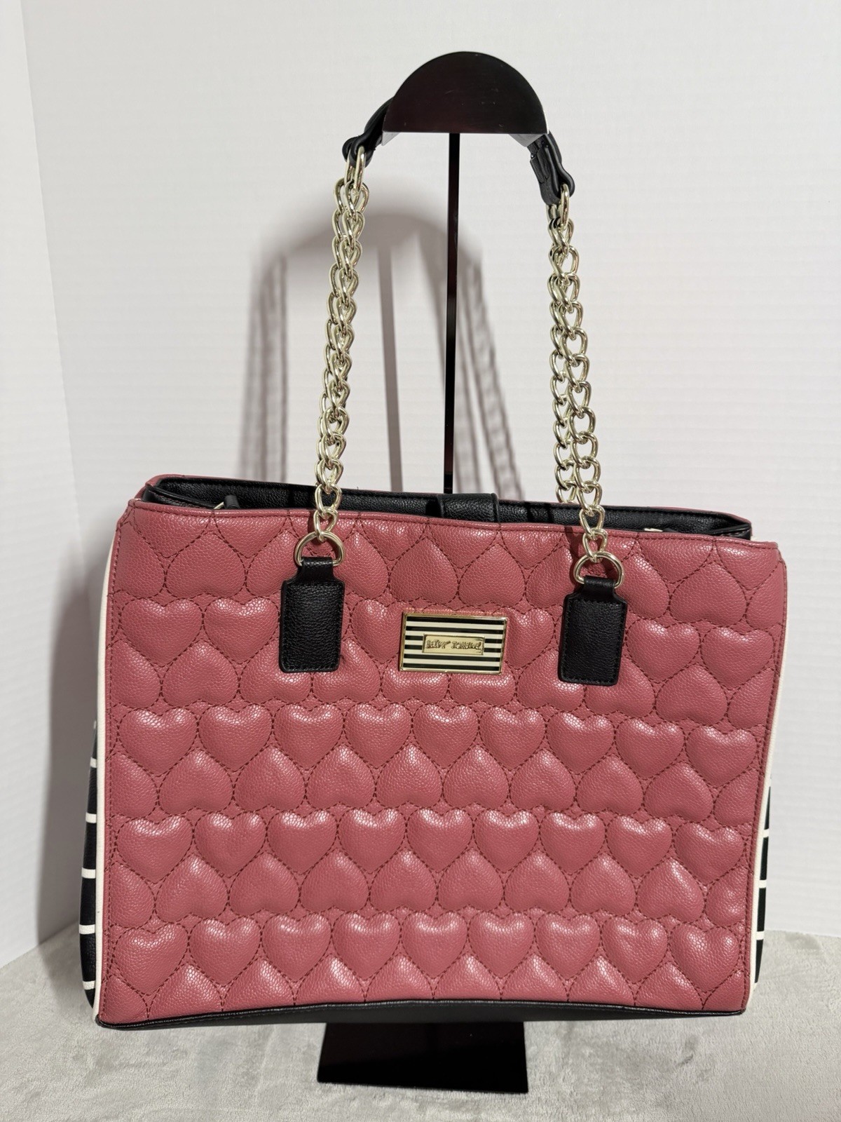 Betsey Johnson Quilted Leather Hearts Tote Hot Pink Shoulder Bag