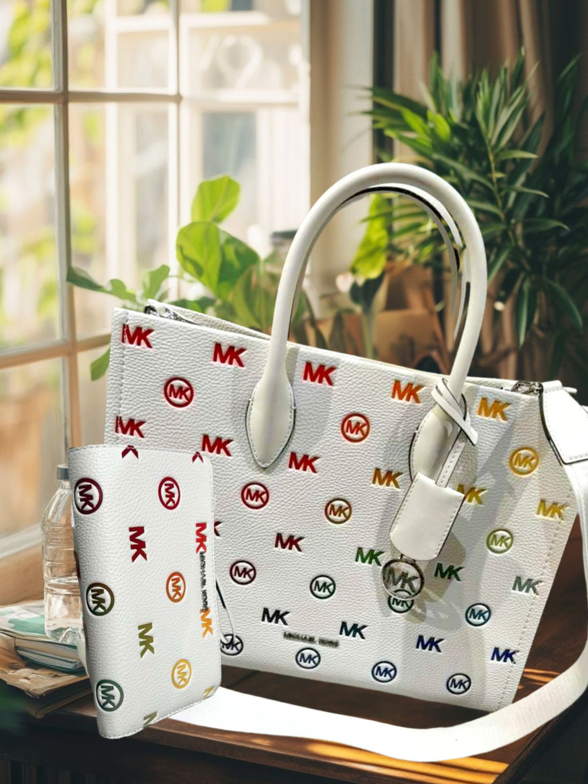 Michael Kors Mirella Women Medium Handbag Purse Shoulder Tote Bag + Wallet White