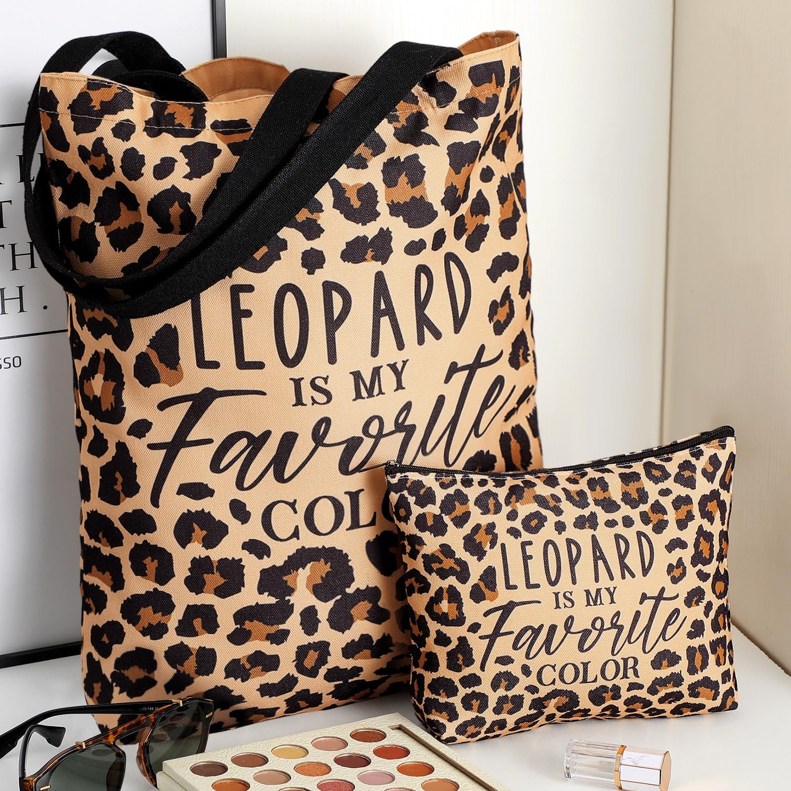 Paterr 2 Pack Leopard Print Makeup Bag and Tote 13 x 15 x 3 inches, Brown