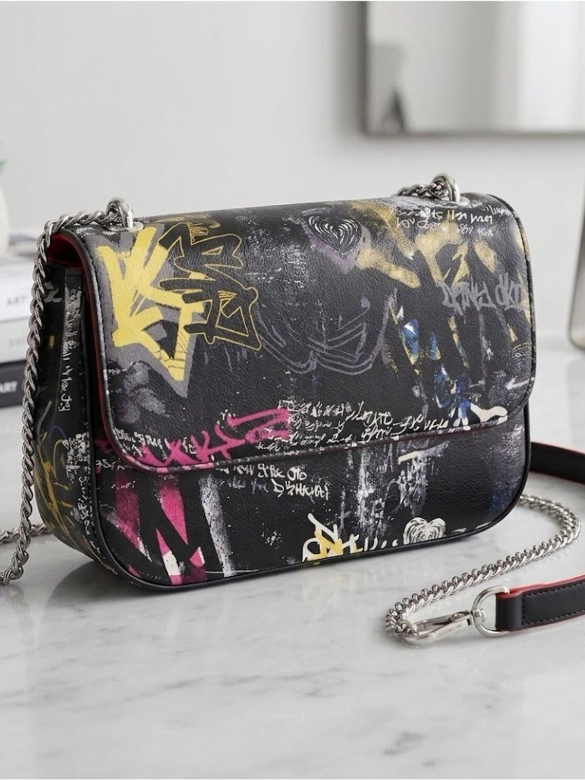 DKNY Sina Flap Graffiti-Print Crossbody Bag in Black with Yellow & Pink Accents